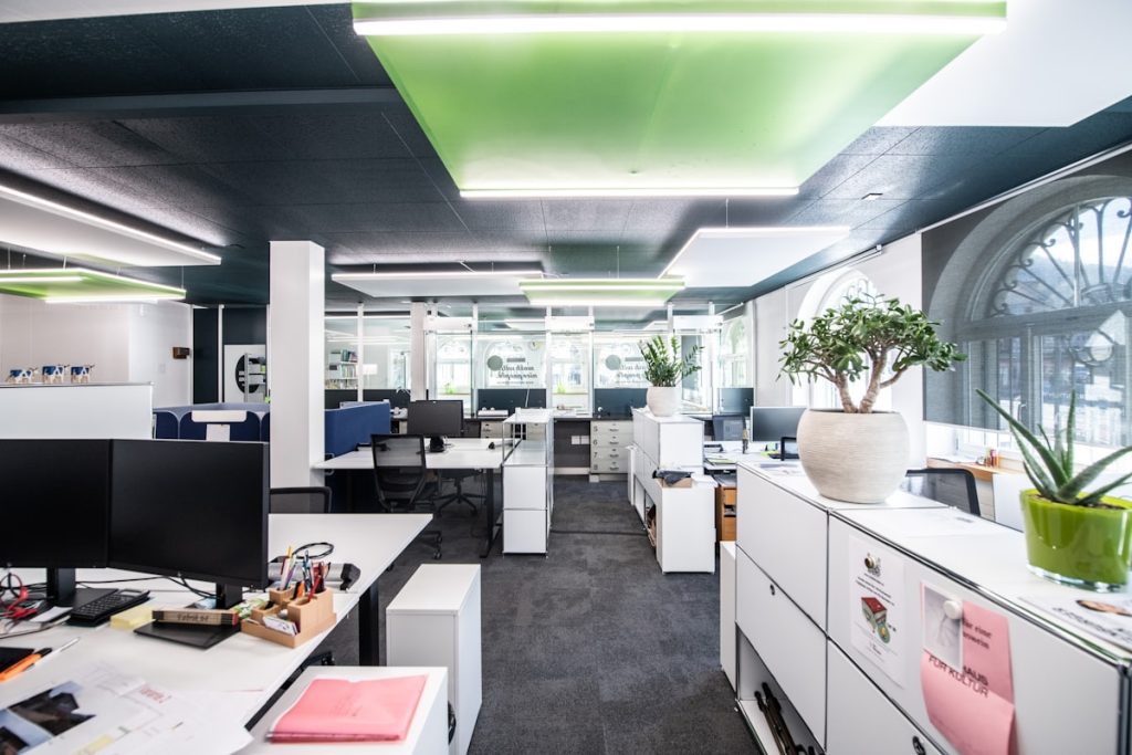 Office with cabinets and desks